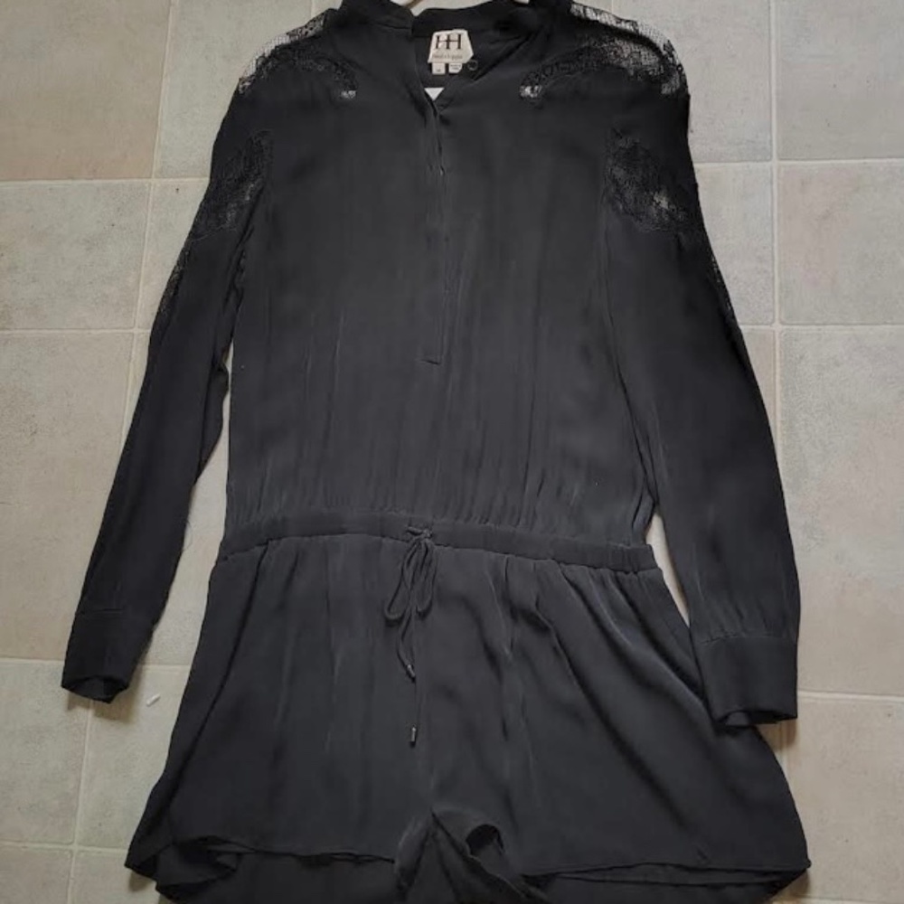 Haute Hippie black long lace sleeve silk romper jumpsuit M